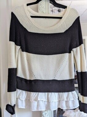 Maison Jules Black Cream Stripe Polka Dot Ruffle Sweater S